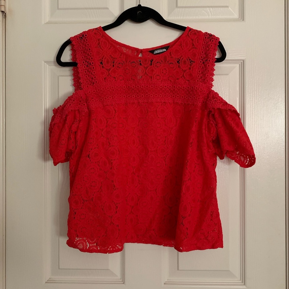 Cherry red crochet off the shoulder blouse